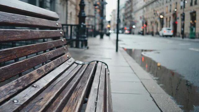 A brown wooden park bench in a wet city park