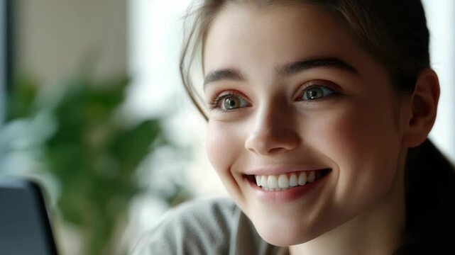 A young woman with big brown eyes looking at a laptop, surprised and happy, in a bright indoor setting with blurred greenery in the background.
