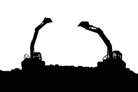 Two Crawler excavators silhouette are digging the soil in the construction site , isolated  on the white background