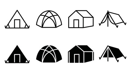 Camping tent icon set, minimalist outdoor shelter symbols, 8 black vector tent illustrations for hiking and travel maps © mdHittu