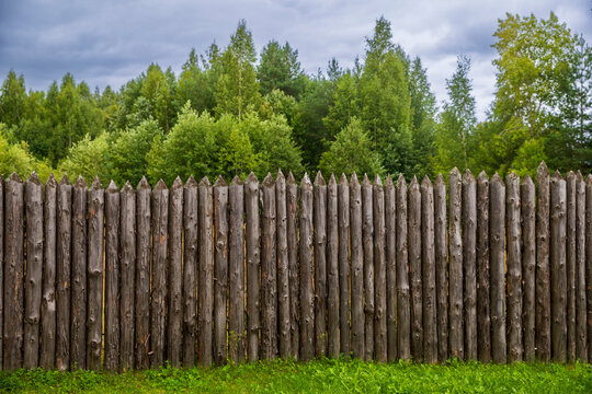 Close view of a tall pointed wooden palisade fence of sharpened log stakes, green forest and overcast sky behind.