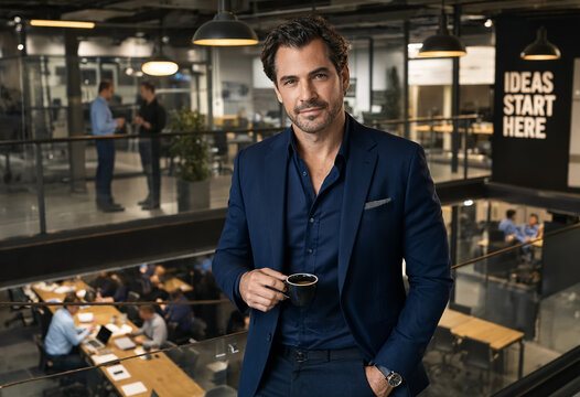 Handsome venture partner in a sharp suit stands on an office mezzanine holding an espresso cup. Below him, an open-plan coworking space bustles with workers, accented by industrial lighting