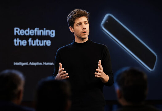 Young tech founder speaks expressively during a keynote presentation. Behind him, a large dark screen displays a sleek device