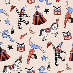 Vintage circus seamless pattern with acrobat harlequin horse and tent © Marie