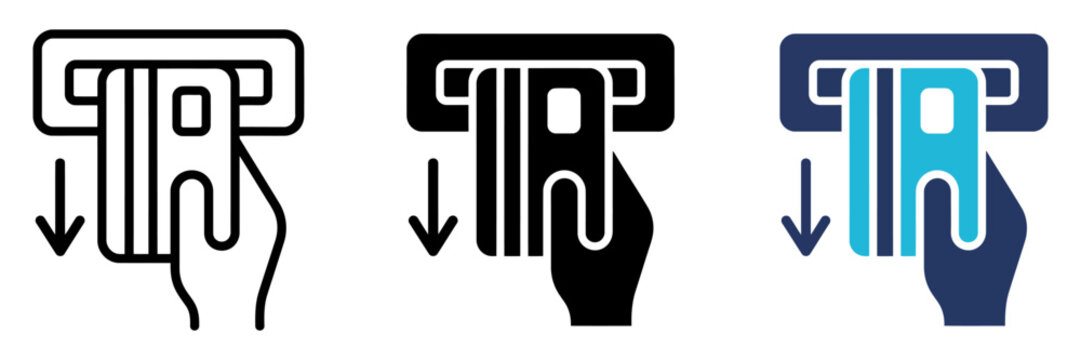 ATM credit card insertion icons, hand inserting bank card into terminal slot, flat vector set for banking and finance apps