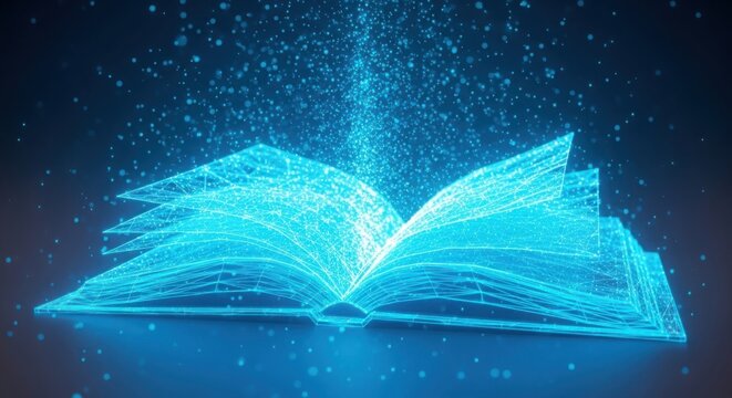 Open magic book glowing with blue light and sparkling particles in dark illustration