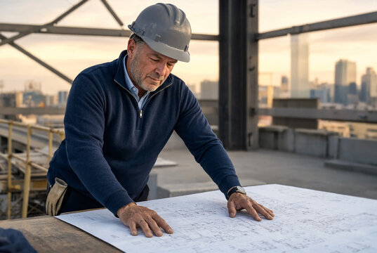 Focused project manager on build site wearing hardhat reviews blueprints spread out on a table. He stands within an open steel framework under a sunset sky, with a blurred city skyline in background