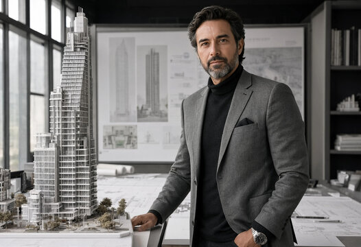 Male architect stands in his bright studio next to a detailed skyscraper scale model with blueprints and design sketches in the background. Confidently embodying urban art sophistication