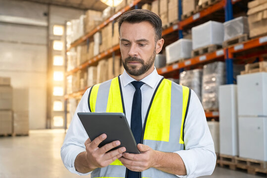 A focused male operations manager wearing high-visibility vest, reviews inventory on a tablet. Standing on a vast warehouse floor, surrounded by towering stacked shelves with boxed industrial goods