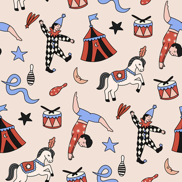 Vintage circus seamless pattern with acrobat harlequin horse and tent