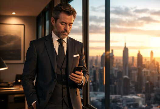 Professional male executive stands by a large office window looking at his smartphone. Golden sunset light illuminates a sweeping city skyline behind him, highlighting the corporate atmosphere