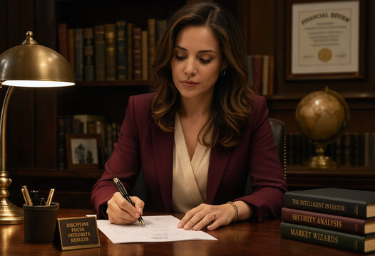 A focused female financial advisor signs paperwork at a wooden desk under a warm lamp. Professional office setting with bookshelves and framed certificates on the wall