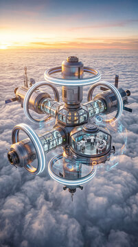 Futuristic scientific research station floats above the clouds at sunrise. Scientists inside glass modules monitor data on holographic screens, showcasing a high-tech airborne laboratory