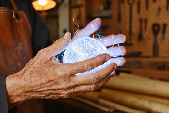 Closeup hands of an artisan holding a translucent orb detailed with microcircuitry. Wisps of energy escape the sphere, capturing the timeless blend of traditional craft and futuristic innovation