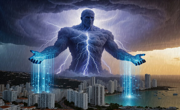 A colossal cloud deity amidst thunderstorm, lightning striking his chest. With open arms, he pours glowing blue data streams onto a coastal city below. The power of AI managing global weather systems