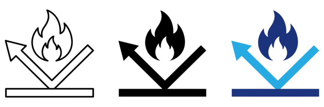 Fire resistant material icons, heat protection surface symbols, flame retardant property vector set for industrial safety labeling