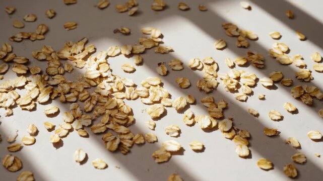 Scattered oat flakes on a light grey surface with shadows, close up