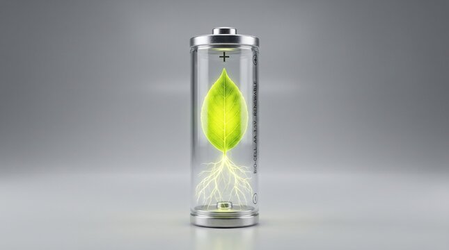 Battery enclosing a luminous plant sprout symbolizing sustainable power generation and environmental care.