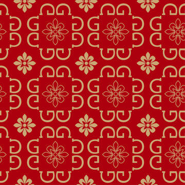 Red seamless design with a gold Chinese floral pattern.