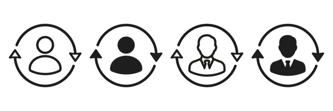Minimalist user rotation icon set, black human avatar symbols with circular arrows, employee turnover and lifecycle vector graphics