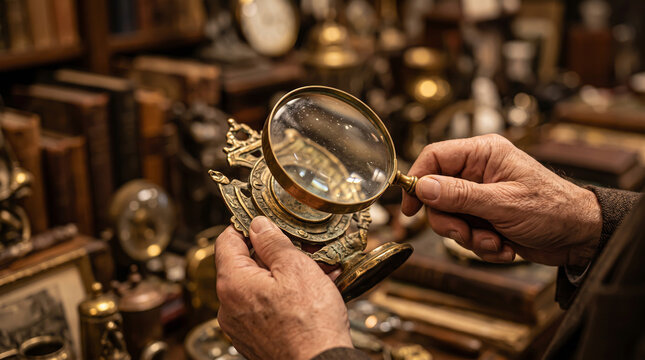 Senior hands inspecting antique object with magnifying glass