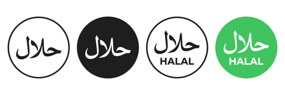 Halal certification logo set, Arabic calligraphy food labels, green and black circular halal icons for product packaging