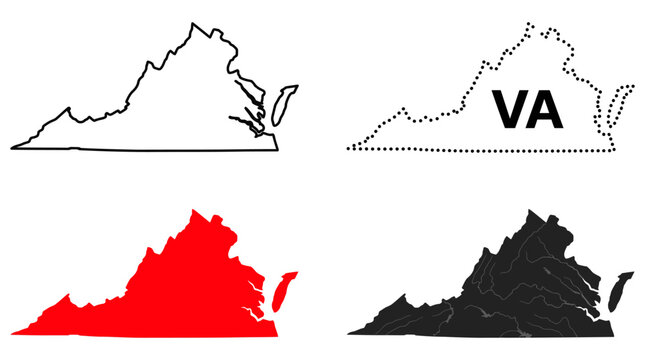 Virginia state map vector set, black and red silhouette icons, minimalist geographic border outlines for infographics and travel design