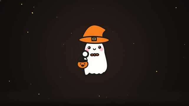 Cute Little Ghost Floating with Orange Witch Hat and Jack o Lantern Candy Bucket on Dark Background