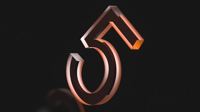 The number 5 made of clear glass with orange neon backlighting. The number 5, the fifth digit on a black background with a reflection, animation. 3D render