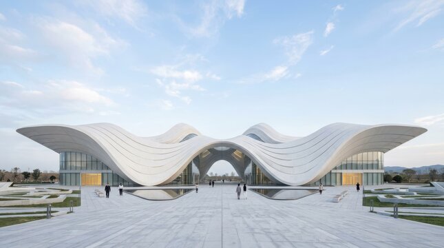 Stunning modern white architectural building with flowing wavy rooflines creating a unique and contemporary visual, perfect for cultural centers or public spaces.