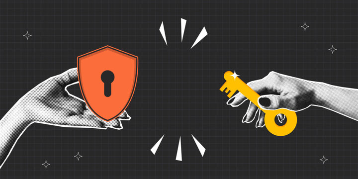 Collage safety, cybersecurity and protection banner. Halftone hands holds golden key and shield with keyhole. Collage design with halftone elements. Vector.