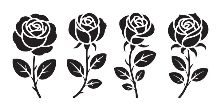 Black rose stencil silhouette collection with stems and leaves vector illustration set for design projects.