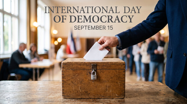 International Day of Democracy September 15 ballot voting polling station wooden box civic participation freedom equality governance awareness campaign celebration   generative ai