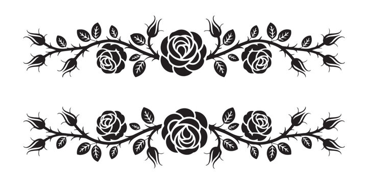Symmetrical rose vine borders in black silhouette for elegant page dividers and ornamental framing elements.