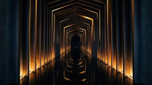 Modern architectural corridor features repeating geometric wooden frames with recessed golden LED lighting reflecting on polished black floor creating infinite tunnel perspective effect.