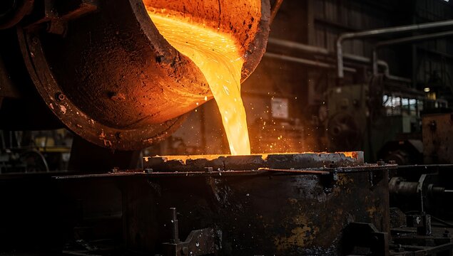 Close-up of molten metal pouring from refractory crucible in industrial foundry