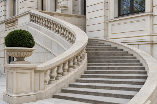 Neoclassical-inspired grand stone staircase with balustrade detail
