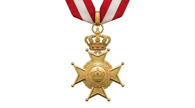 Elegant golden medal with crown and ribbon against white background