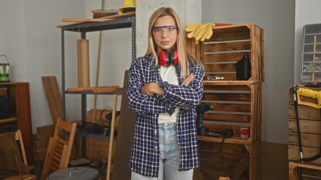 Woman carpenter wearing safety goggles and red ear muffs and flannel shirt stands with arms crossed over a wood workbench amid crates, tools and lumber in a workshop; confidence.