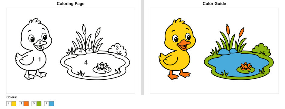 Colorful duck illustration for kids on a coloring page  
