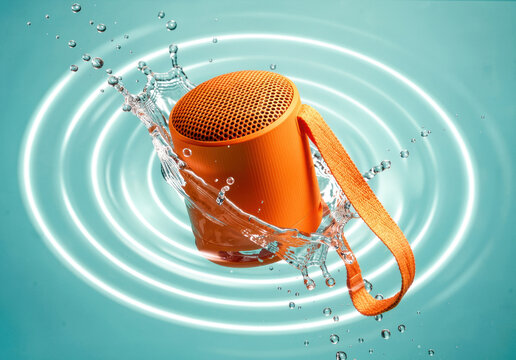 Orange waterproof wireless speaker splashing into clear blue water