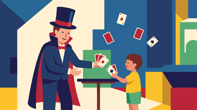 Magician in top hat performing magic card tricks for a young boy