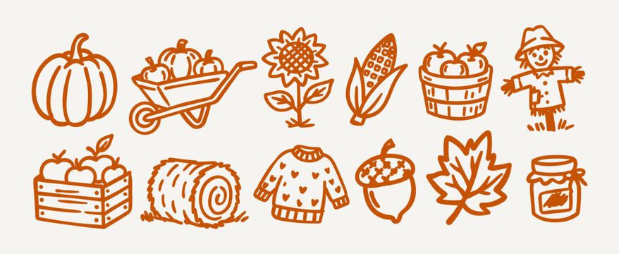 Autumn harvest hand drawn elements featuring rustic farm and seasonal motifs in a bold, simple line art style for creative projects