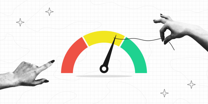 Collage banner of feedback with halftone hands and speedometer. Collage halftone hand pulls the speedometer needle or customer satisfaction rating scale and points to the desired rating. Vector