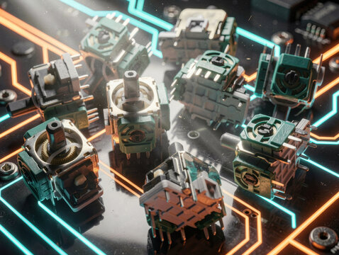 Electronic joystick potentiometer modules scattered on a glowing circuit board