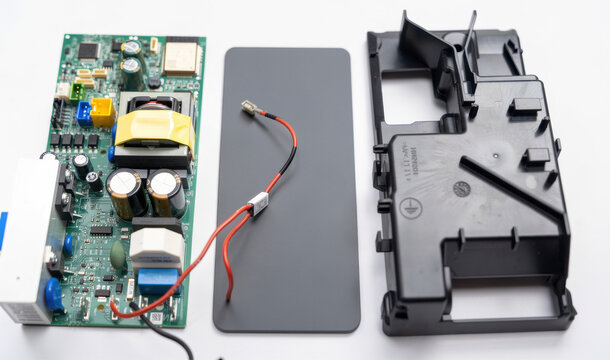 Disassembled electronic components including circuit board and plastic casing