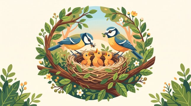 Flat vector illustration of a pair of blue tit birds feeding their hungry chicks in a nest on a leafy tree branch, capturing a nurturing spring nature scene of family and growth.