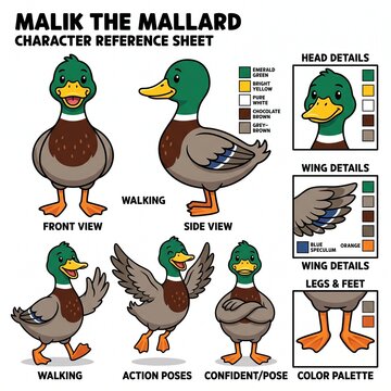 Cartoon Mallard Duck Character Design Reference Sheet with Multiple Poses, Color Palette, and Detailed Anatomy for Animation and Illustration Projects