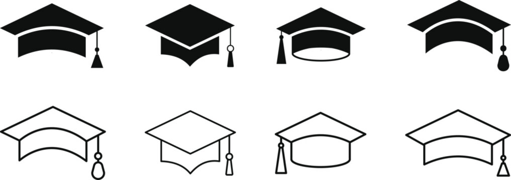 graduation cap icon set line and bold style. academic mortarboard diploma hat symbols for education university