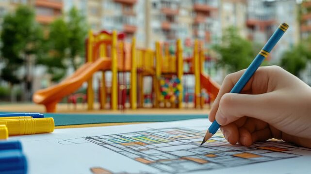 Child draws playground layout with pencil on paper. Orange slide and climbing structure visible in background. Urban buildings softly blurred behind colorful play area. Hand holds blue pencil